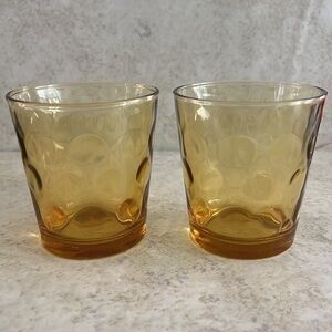 Hazel Atlas Optic Dot Amber Lowball Glasses Pair MCM